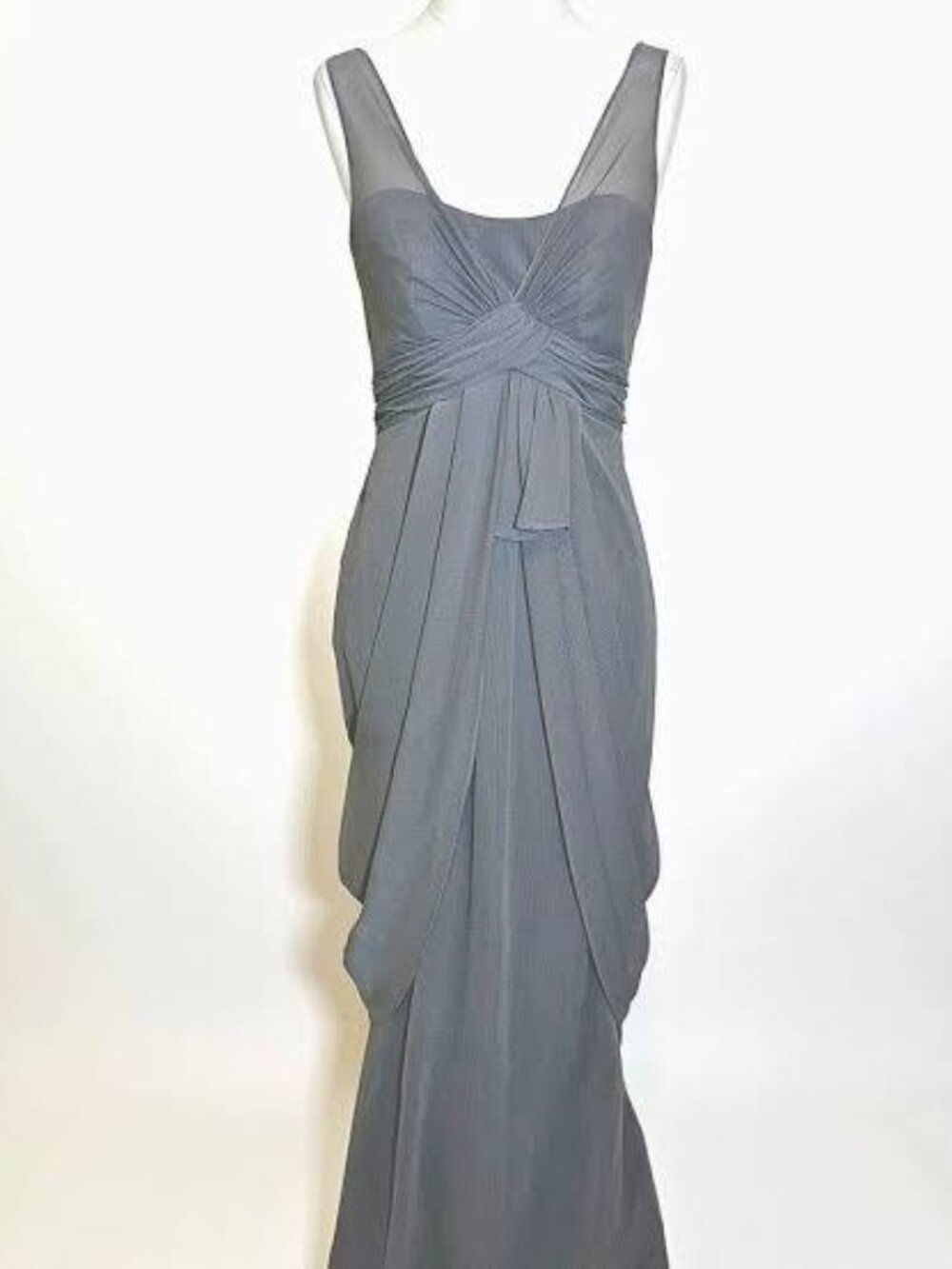 Vera Wang White Chiffon Draped Bridesmaid Maxi Dress Blue Size 6